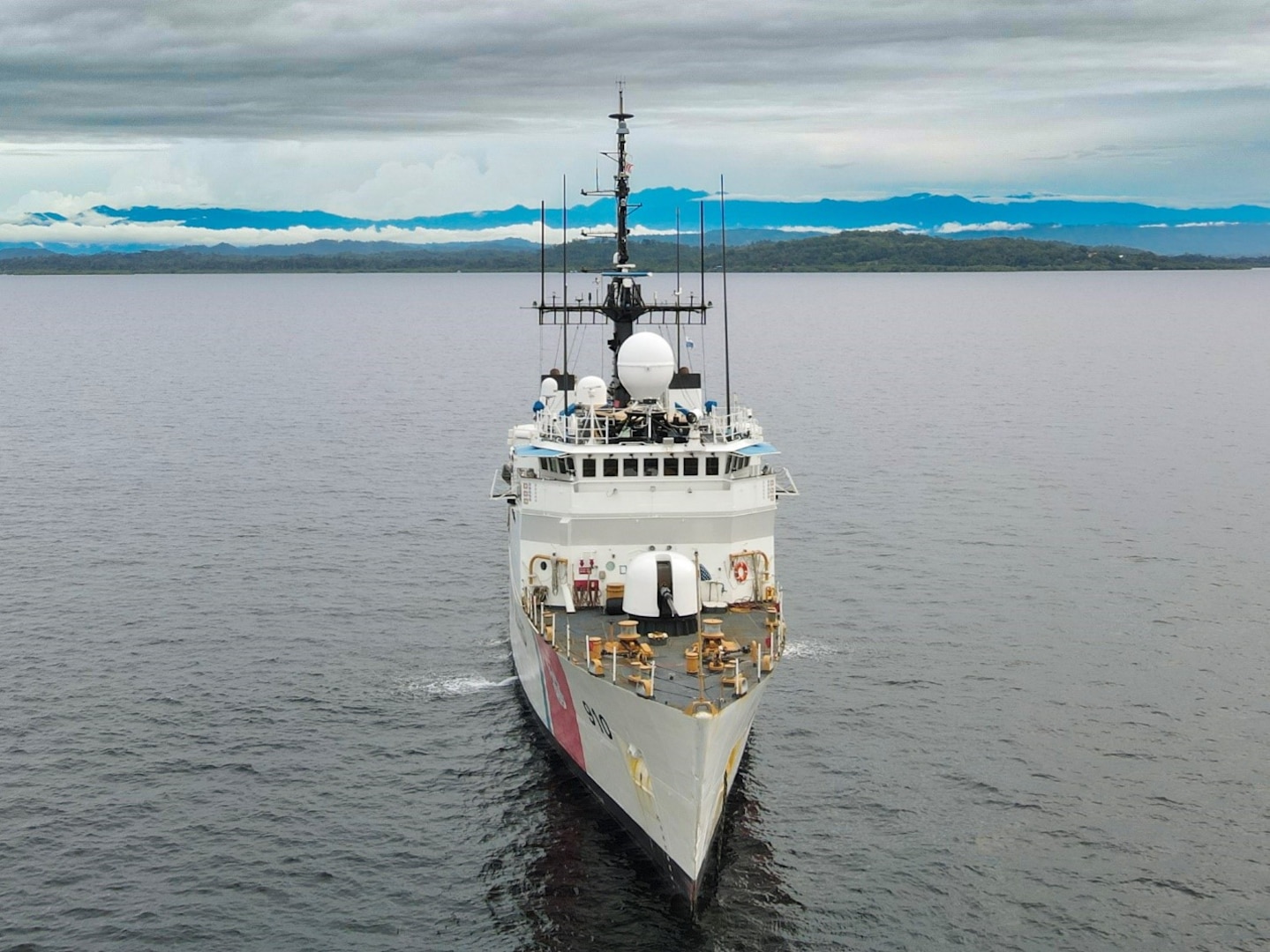 U.S. Coast Guard Cutter Thetis (WMEC 910) is anchored outside of Bocas del Toro, Panama during a port of call, Aug. 8, 2023. Thetis patrolled the Eastern Pacific Ocean and Western Caribbean Sea in support of the Coast Guard’s mission to combat illegal drug trafficking. (U.S. Coast Guard photo by Ensign Jordan Russell)