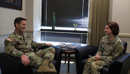 V Corps Command Sgt. Maj. Philip Blaisdell tells Sgt. Gabriella Sullivan about himself, his time in the service and his role as V Corps command sergeant major. Blaisdell took over as V Corps' senior enlisted leader in August 2023. (U.S. Army photo by Sgt. Javen Owens)