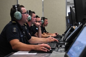 Royal Norwegian Navy aircraft controllers simulate a training mission during exercise Neptune Protector, Sept. 8, 2023, at Luke Air Force Base, Arizona.