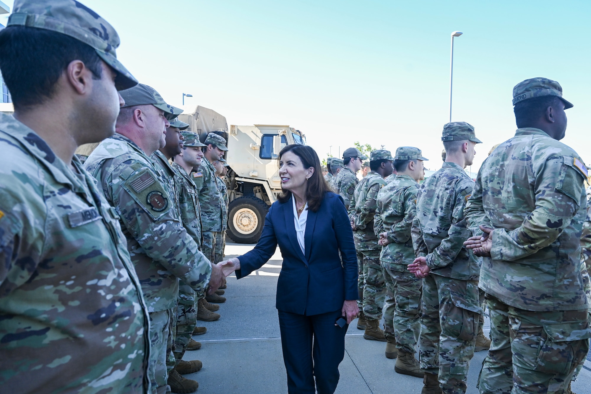 New York Governor Kathy Hochul, greets New York National Guard Soldiers and Airmen she mobilized in case  Hurricane Lee hits Long Island, at the Farmingdale Armed Forces Reserve Center in Farmingdale, New York on Sept. 14, 2023. The governor deployed 50 troops and vehicles out of “an abundance of caution” as the storm made its way north along the East Coast. (U.S. Air National Guard photo by Staff Sgt. Daniel Farrell)
