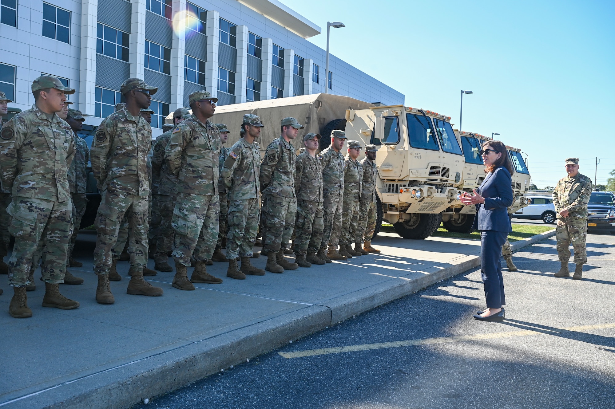 New York Governor speaks with New York National Guard Soldiers and Airmen she mobilized in case  Hurricane Lee hits Long Island, at the Farmingdale Armed Forces Reserve Center in Farmingdale, New York on Sept. 14, 2023. The governor deployed 50 troops and vehicles out of “an abundance of caution” as the storm made its way north along the East Coast. (U.S. Air National Guard photo by Staff Sgt. Daniel Farrell)