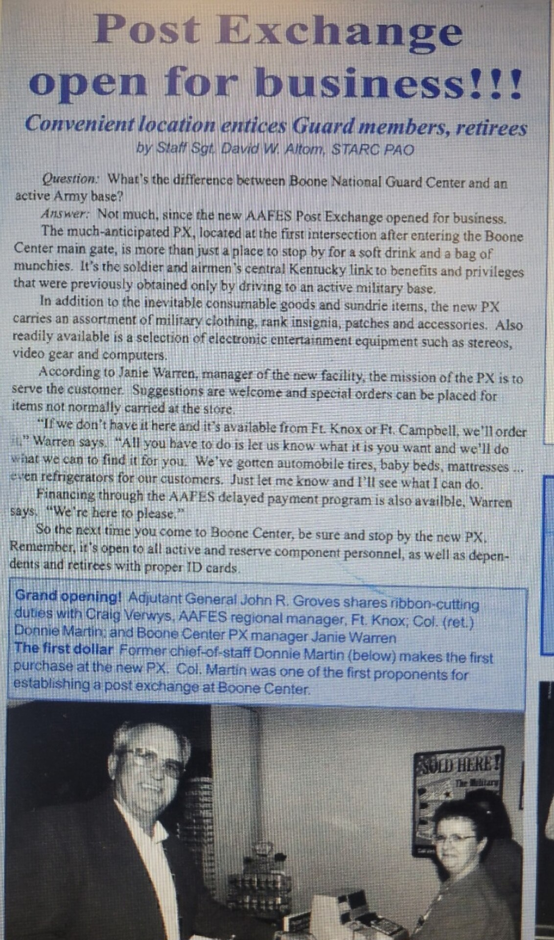 An old clipping from the opening of the shoppette on Boone National Guard Center in 1999.