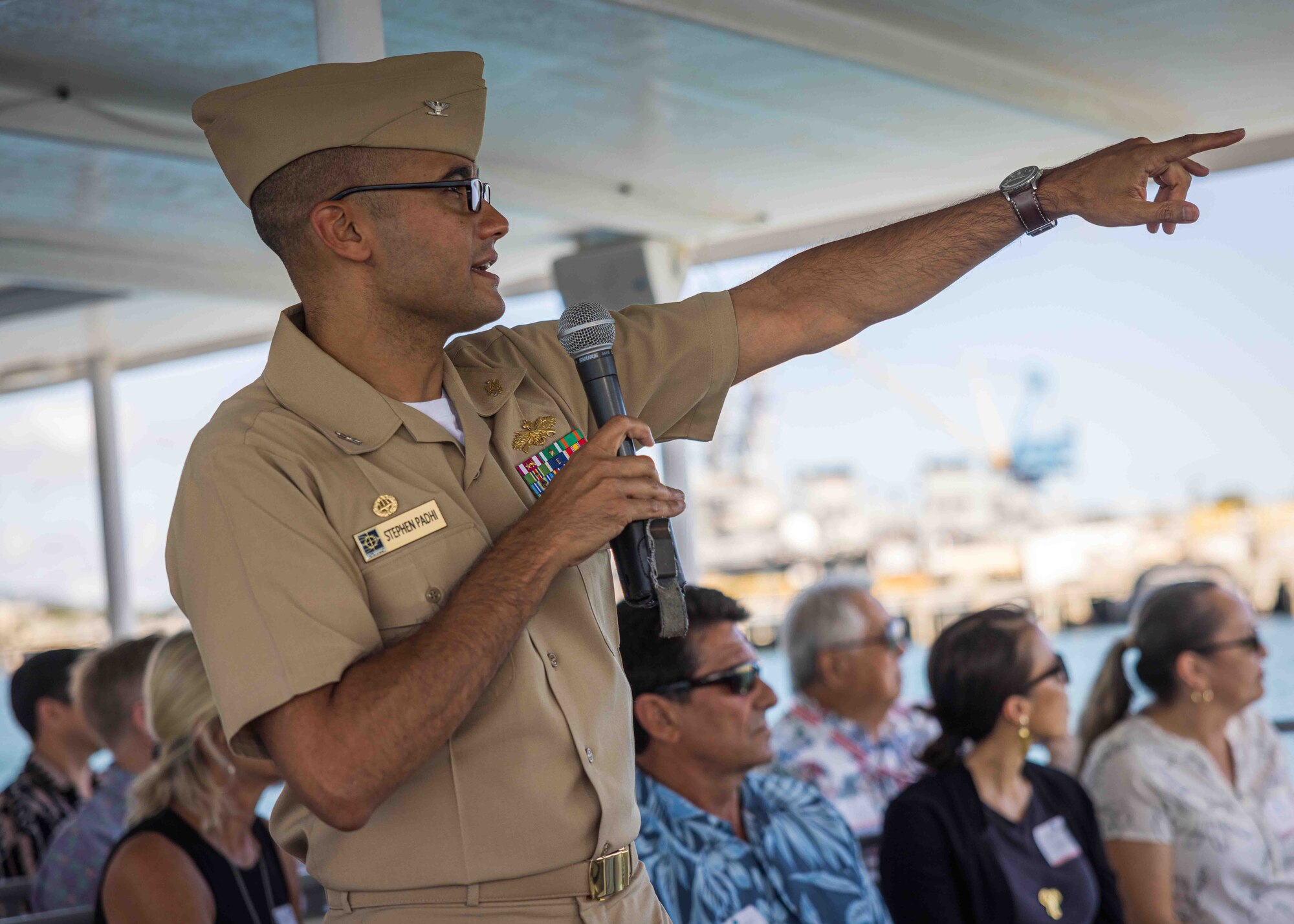 Capt. Stephen Padhi, commanding officer, Officer-in-Charge of Construction Pearl Harbor Naval Shipyard, speaks with members of the Military Affairs Council (MAC) during the council’s general meeting at Joint Base Pearl Harbor-Hickam, Hawaii, Sept. 8, 2023.