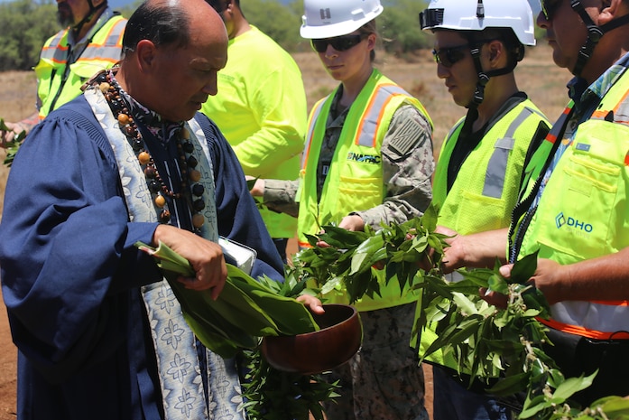 Kahu Kordell Kekoa conducts a traditional Hawaiian blessing for the workers and jobsite at the Waipahu Peninsula in support of the Dry Dock 5 project.