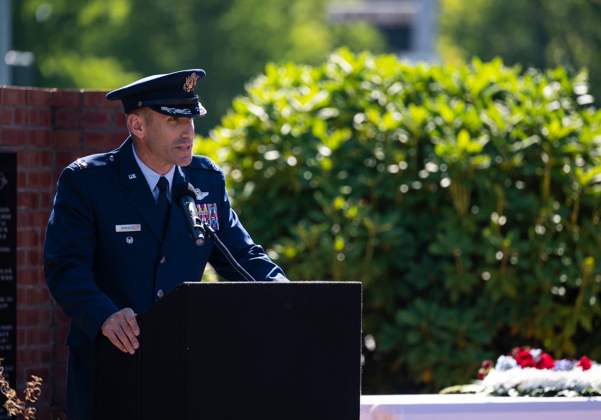 U.S. Air Force Col. David Morales, 62d Airlift Wing deputy commander, gives opening remarks during the POW/MIA wreath laying ceremony at Joint Base Lewis-McChord, Washington, Sept. 15, 2023. Team McChord held their POW/MIA Recognition Day Sept. 14-15. The day included a 24-hour memorial run and a wreath laying ceremony to remember those who sacrificed so much and to account for those who did not return. (U.S. Air Force photo by Staff Sgt. Rachel Williams)