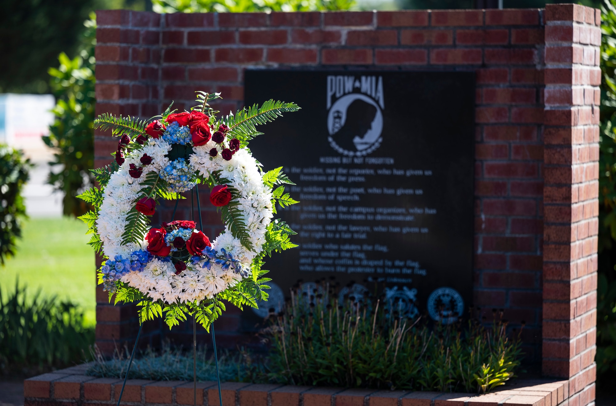 Team McChord holds a wreath laying ceremony to close out POW/MIA Recognition Day at Joint Base Lewis-McChord, Washington, Sept. 15, 2023. Team McChord held their POW/MIA Recognition Day Sept. 14-15; the day included a 24-hour memorial run and a wreath laying ceremony to remember those who sacrificed so much and to account for those who did not return. (U.S. Air Force photo by Staff Sgt. Rachel Williams)