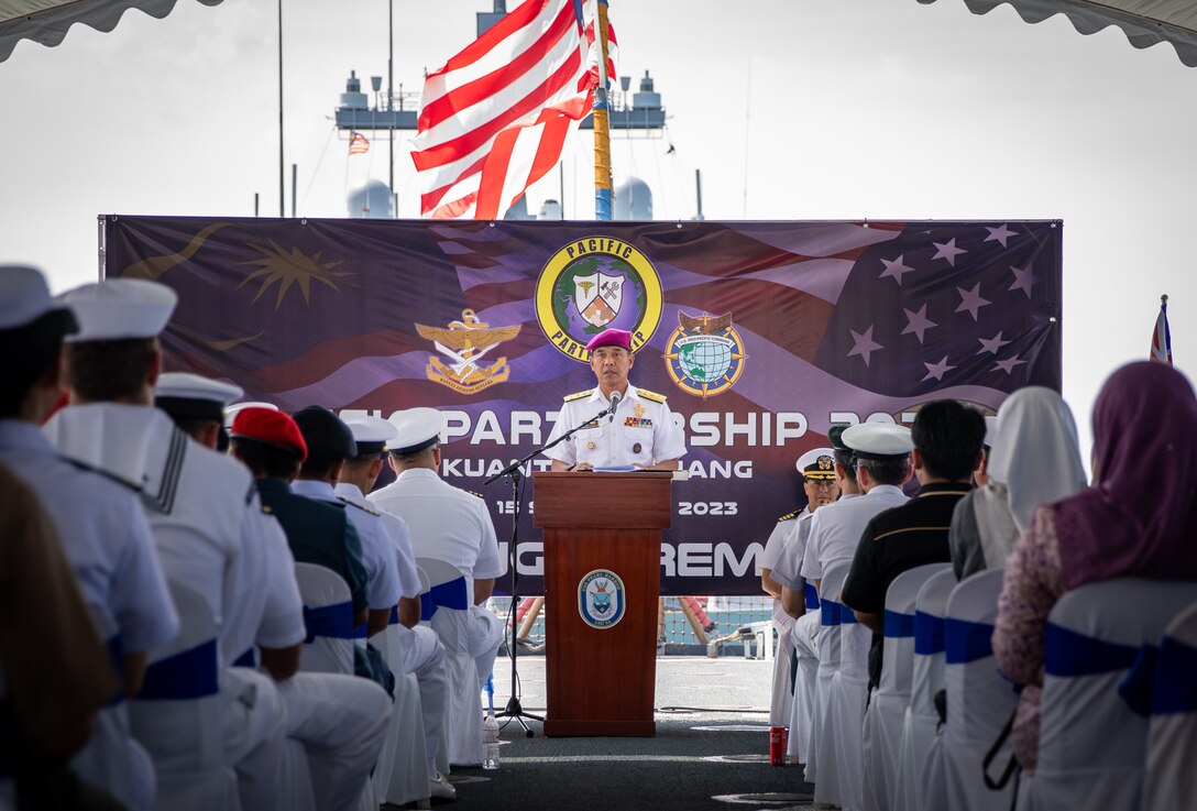KUANTAN, Malaysia (Sept. 15, 2023) – Royal Malaysian Navy First Admiral Muhammad Rodhi bin Ariffin, Assistant Chief of Staff, J5, speaks at Pacific Partnership 2023 closing ceremony hosted aboard the Harpers-Ferry class dock landing ship USS Pearl Harbor (LSD 52), Sept. 15. Now in its 18th year, Pacific Partnership is the largest annual multinational humanitarian assistance and disaster relief preparedness mission conducted in the Indo-Pacific. (U.S. Navy photo by Mass Communication Specialist 2nd Class Megan Alexander)