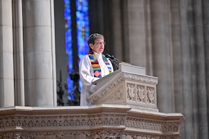 Retired chaplain Maj. Gen. Lorraine Potter speaks during a Department of the Air Force worship service at Washington National Cathedral in Washington, D.C., Sept. 10, 2023. (U.S. Air Force photo by Eric Dietrich)