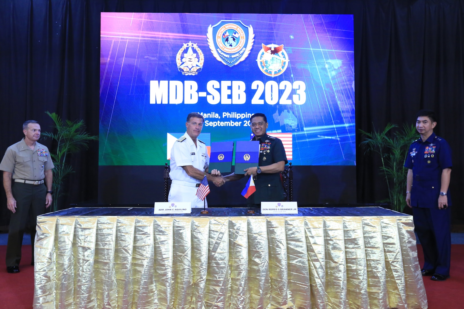 CAMP AGUINALDO, Philippines — Gen. Romeo Brawner Jr., Chief of Staff of the Armed Forces of the Philippines, and Adm. John Aquilino, Commander of U.S. Indo-Pacific Command, led the 2023 Mutual Defense Board and Security Engagement Board (MDB-SEB) at Camp Aguinaldo, Philippines, Sept. 14.