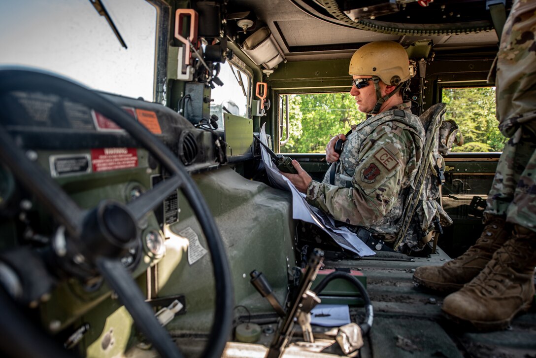 Airmen from the Kentucky Air National Guard’s 123rd Civil Engineer Squadron conduct tactical convoy operations during a training exercise in Shepherdsville, Ky., June 2, 2023. The purpose of the training was to promote multi-capable Airmen by training them on skills outside of their primary jobs. (U.S. Air National Guard photo by Tech. Sgt. Joshua Horton)