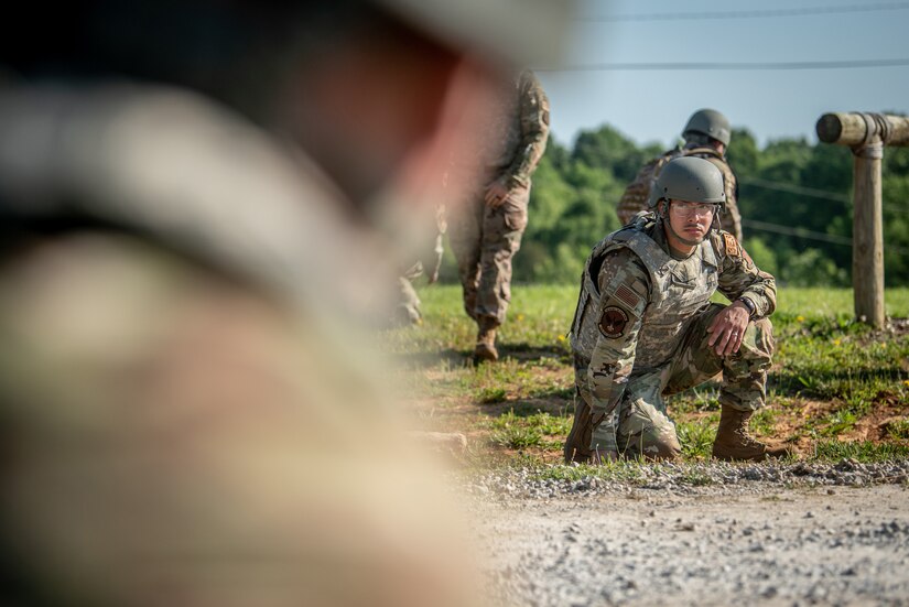 Airman First Class Elmer Lopez-Duran, a structural specialist with the Kentucky Air National Guard’s 123rd Civil Engineer Squadron, performs individual movement techniques during a training exercise in Shepherdsville, Ky., June 2, 2023. The purpose of the training was to promote multi-capable Airmen by training them on skills outside of their primary jobs. (U.S. Air National Guard photo by Tech. Sgt. Joshua Horton)