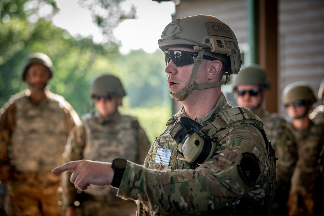 Maj. Jason Selby, operations flight commander for the Kentucky Air National Guard’s 123rd Civil Engineer Squadron, briefs Airmen during a training exercise in Shepherdsville, Ky., June 2, 2023. The purpose of the training was to promote multi-capable Airmen by training them on skills outside of their primary jobs. (U.S. Air National Guard photo by Tech. Sgt. Joshua Horton)