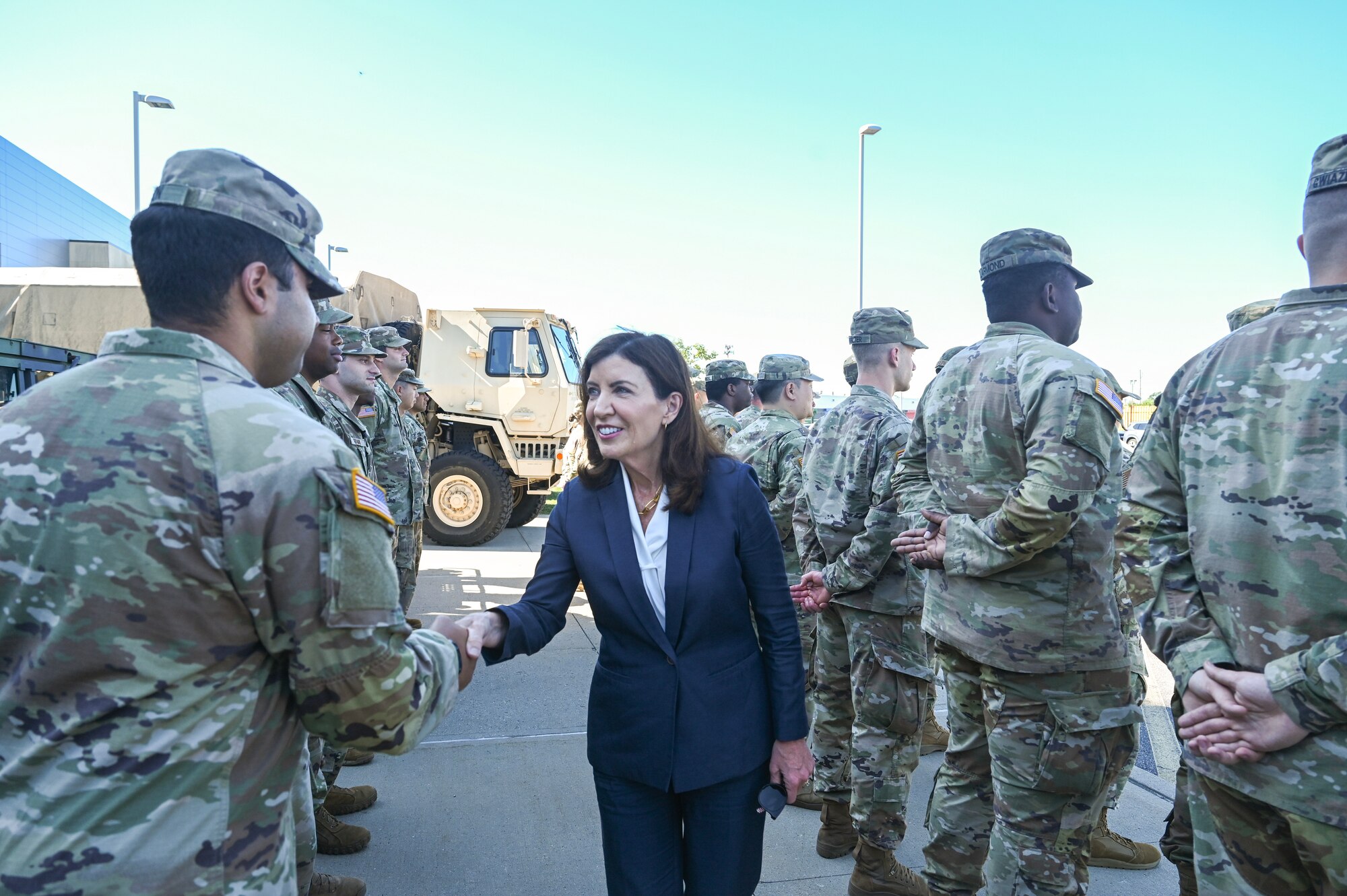 New York Gov. Kathy Hochul greets New York National Guard Soldiers and Airmen at the Farmingdale Armed Forces Reserve Center in Farmingdale Sept. 14, 2023. Hochul deployed 50 troops and vehicles in case Hurricane Lee turned toward Long Island.
