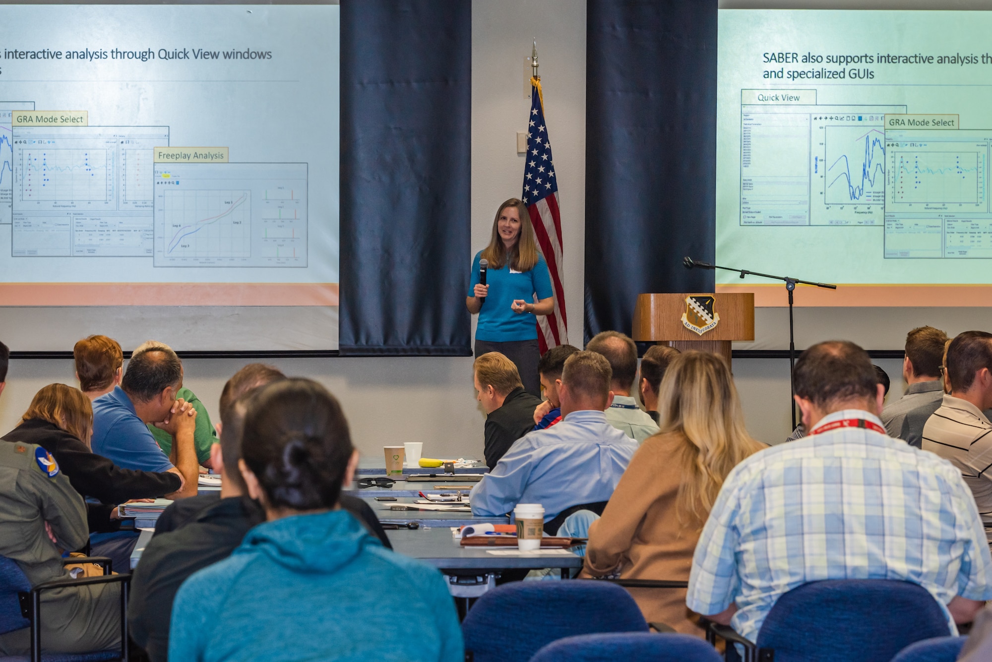 The 412th Test Wing hosted the first-ever Data Analysis Tool Summit on Edwards Air Force Base, California, Sept. 12-13. The summit featured presentations from a mix of teams and technical disciplines to foster discussions on the current and future state of data analysis tools and scalable/shareable developments in all things data analysis. (Air Force photo by Lindsey Iniguez)