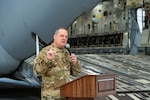 U.S. Air Force Chief Master Sgt. Mark Snyder delivers remarks during a wing command chief change of responsibility ceremony at the 167th Airlift Wing, Shepherd Field, Martinsburg, West Virgini