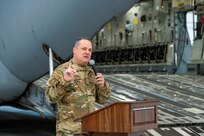 U.S. Air Force Chief Master Sgt. Mark Snyder delivers remarks during a wing command chief change of responsibility ceremony at the 167th Airlift Wing, Shepherd Field, Martinsburg, West Virgini