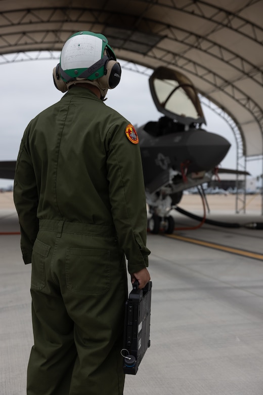 A U.S. Marine Corps F-35C Lightning II with Marine Fighter Attack Squadron (VMFA) 311, Marine Aircraft Group 11, 3rd Marine Aircraft Wing, is parked under the hanger at Marine Corps Air Station Miramar, California, Sept. 15, 2023.