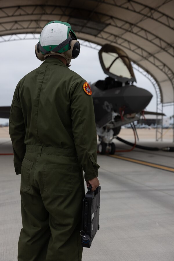 A U.S. Marine Corps F-35C Lightning II with Marine Fighter Attack Squadron (VMFA) 311, Marine Aircraft Group 11, 3rd Marine Aircraft Wing, is parked under the hanger at Marine Corps Air Station Miramar, California, Sept. 15, 2023. VMFA-311, the Marine Corps’ second fleet squadron to operate the F-35C Lightning II, was declared “safe for flight” on Sept. 15, 2023. The Safe-for-Flight Certification means that VMFA-311has the maintenance programs, processes, and trained Marines in place to independently conduct flight operations. (U.S. Marine Corps photo by Lance Cpl Samantha Devine)