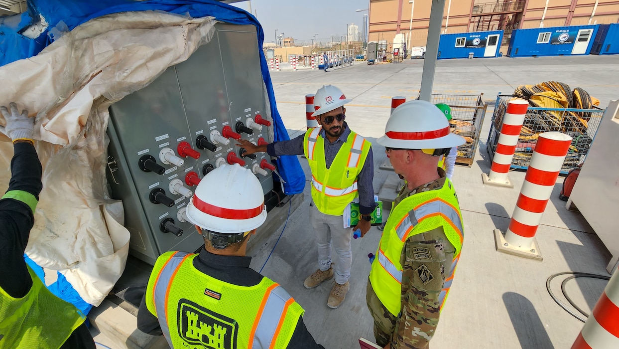 U.S. Army Corps of Engineers Transatlantic Middle East District’s Bahrain Area Office personnel explain the current progress on a base infrastructure project supporting U.S. Naval Forces Central Command and Naval Support Activity Bahrain to U.S. Army Col. William C. Hannan, Jr., Army Corps of Engineers Transatlantic Division commander, Sept. 11, 2023.