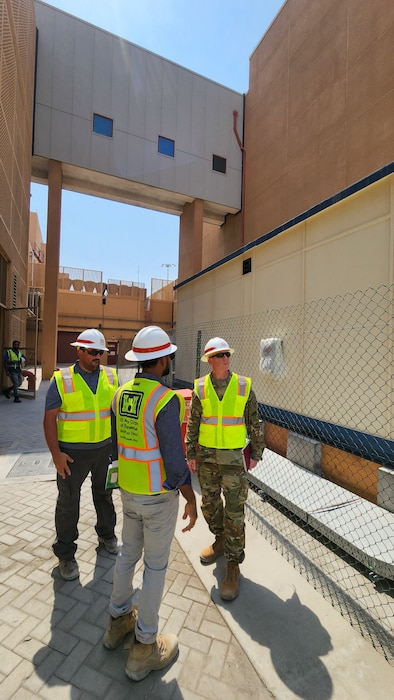 U.S. Army Col. William C. Hannan, Jr., U.S. Army Corps of Engineers Transatlantic Division commander, and key Transatlantic Middle East District Bahrain Area Office personnel, view the current progress on a base infrastructure project supporting U.S. Naval Forces Central Command and Naval Support Activity Bahrain, Sept. 11, 2023.
