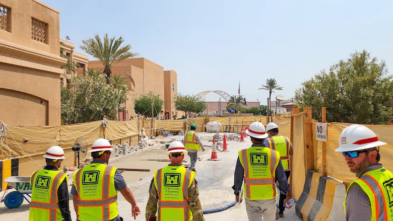 U.S. Army Col. William C. Hannan, Jr., U.S. Army Corps of Engineers Transatlantic Division commander, and key Transatlantic Middle East District Bahrain Area Office personnel, view ongoing construction on base infrastructure projects supporting U.S. Naval Forces Central Command and Naval Support Activity Bahrain, Sept. 11, 2023.