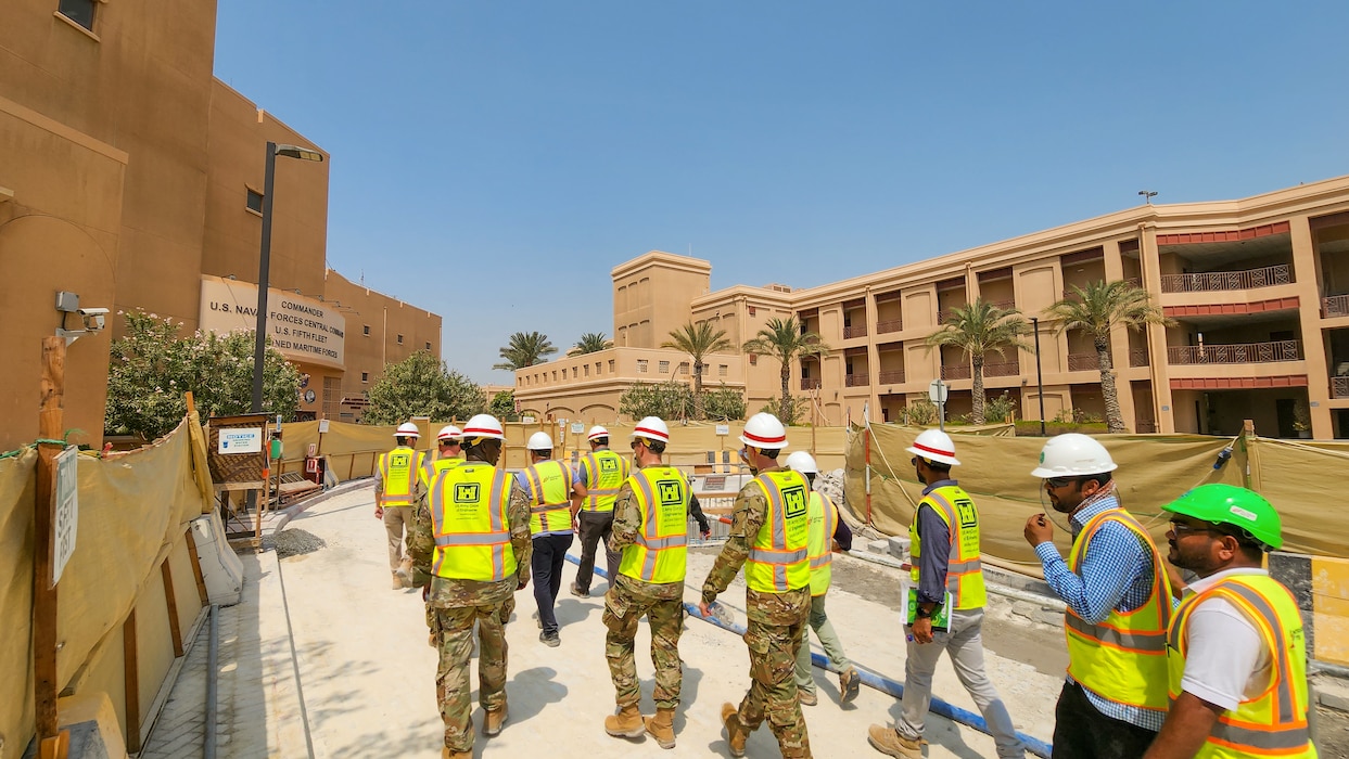 U.S. Army Corps of Engineers Transatlantic Division leadership and key Transatlantic Middle East District Bahrain Area Office personnel, view ongoing and past construction projects supporting U.S. Naval Forces Central Command and Naval Support Activity Bahrain, Sept. 11, 2023.