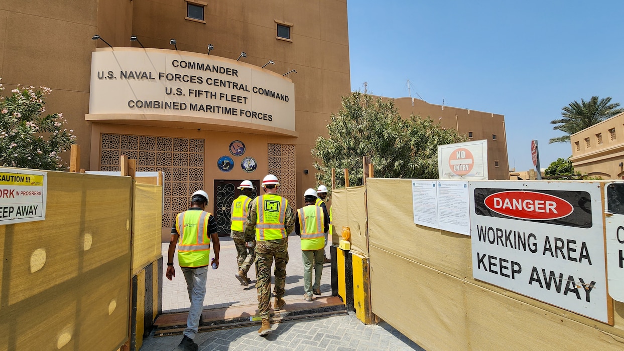 U.S. Army Corps of Engineers Transatlantic Division leadership and key Transatlantic Middle East District Bahrain Area Office personnel, observe safety precautions during a site visit to view ongoing base infrastructure projects supporting U.S. Naval Forces Central Command and Naval Support Activity Bahrain, Sept. 11, 2023.