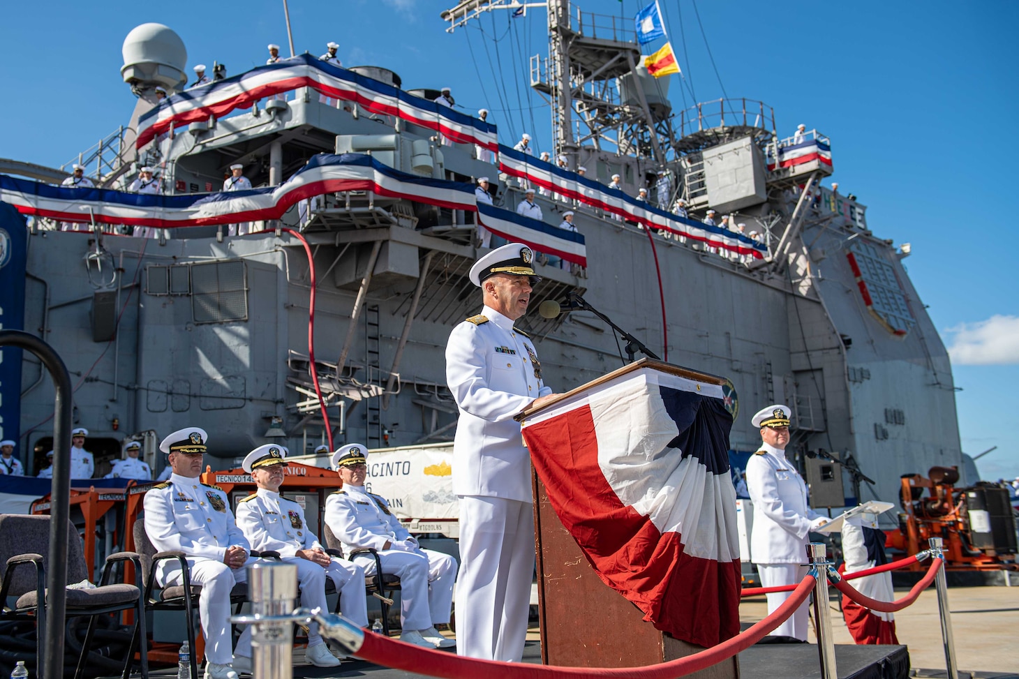 NORFOLK, Virginia (Sept. 25, 2023) - Vice Adm. Jim Kilby, commander, Task Force 80 and deputy commander, U.S. Fleet Forces, gives the keynote address during the decommissioning ceremony of USS San Jacinto (CG 56).