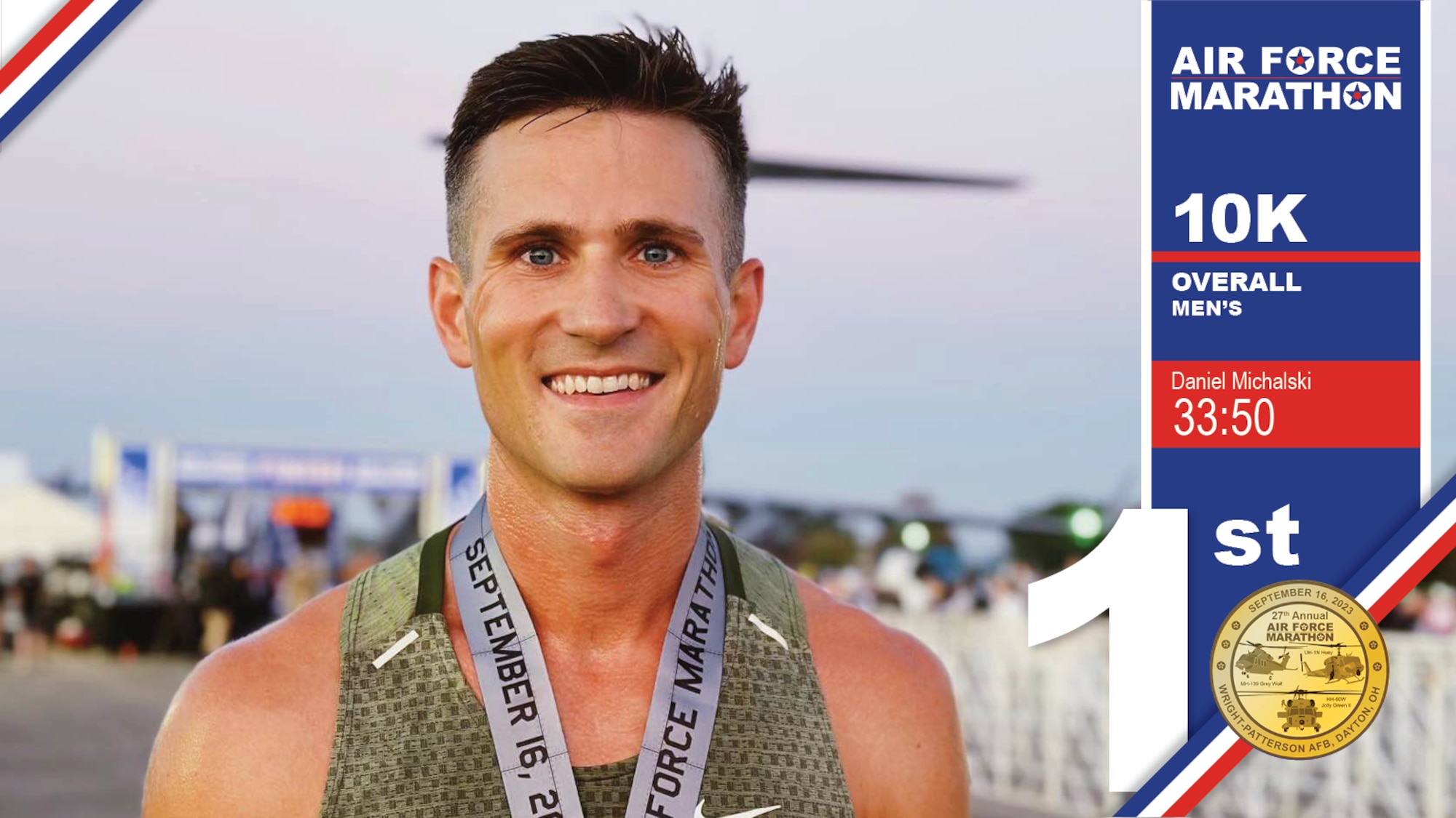 Daniel Michalski is the men's 10K champion at the 2023 Air Force Marathon. (Photo illustration by Nathan Wood)