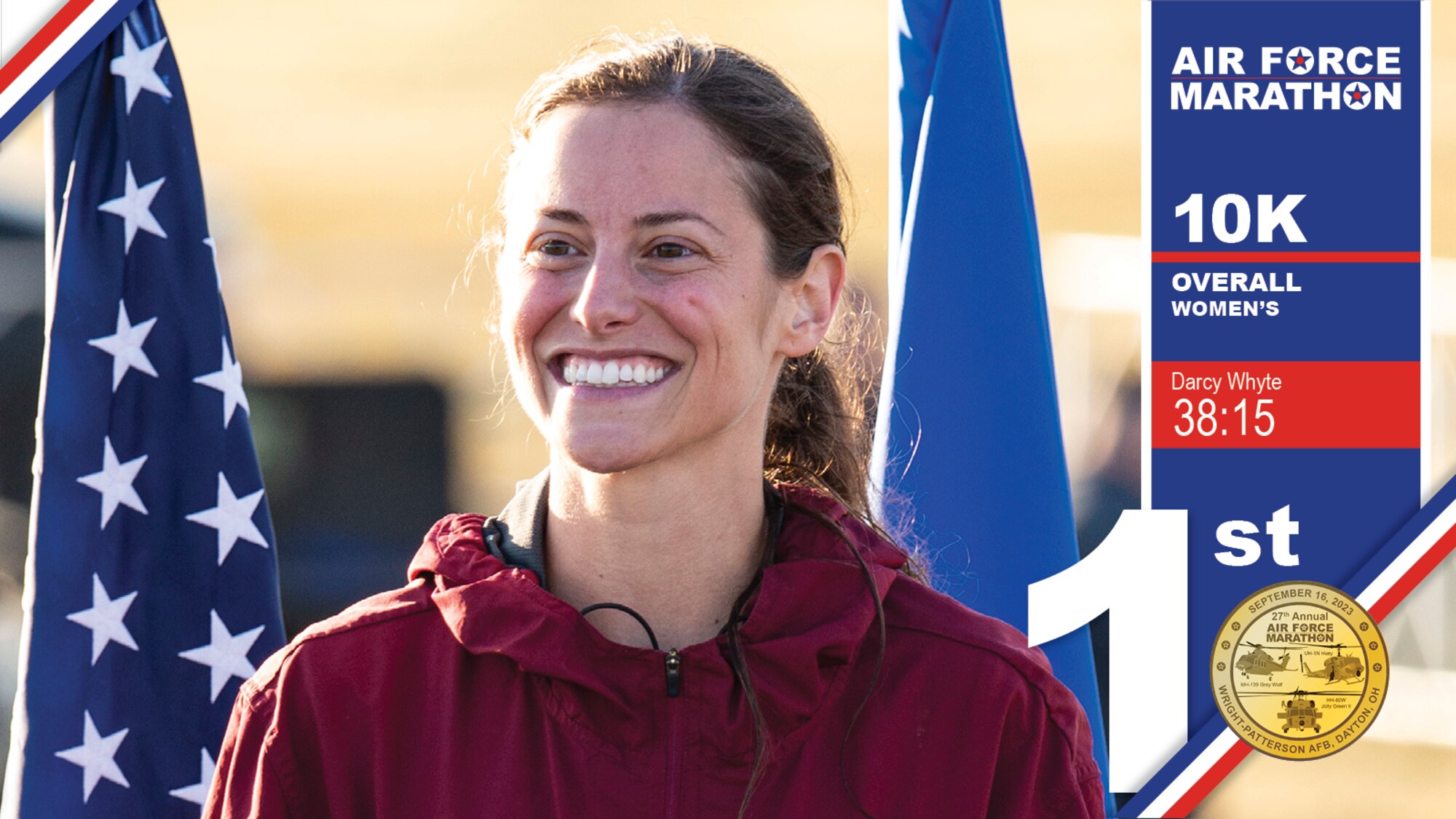 Darcy Whyte is the women's 10K champion at the 2023 Air Force Marathon. (Photo illustration by Nathan Wood)