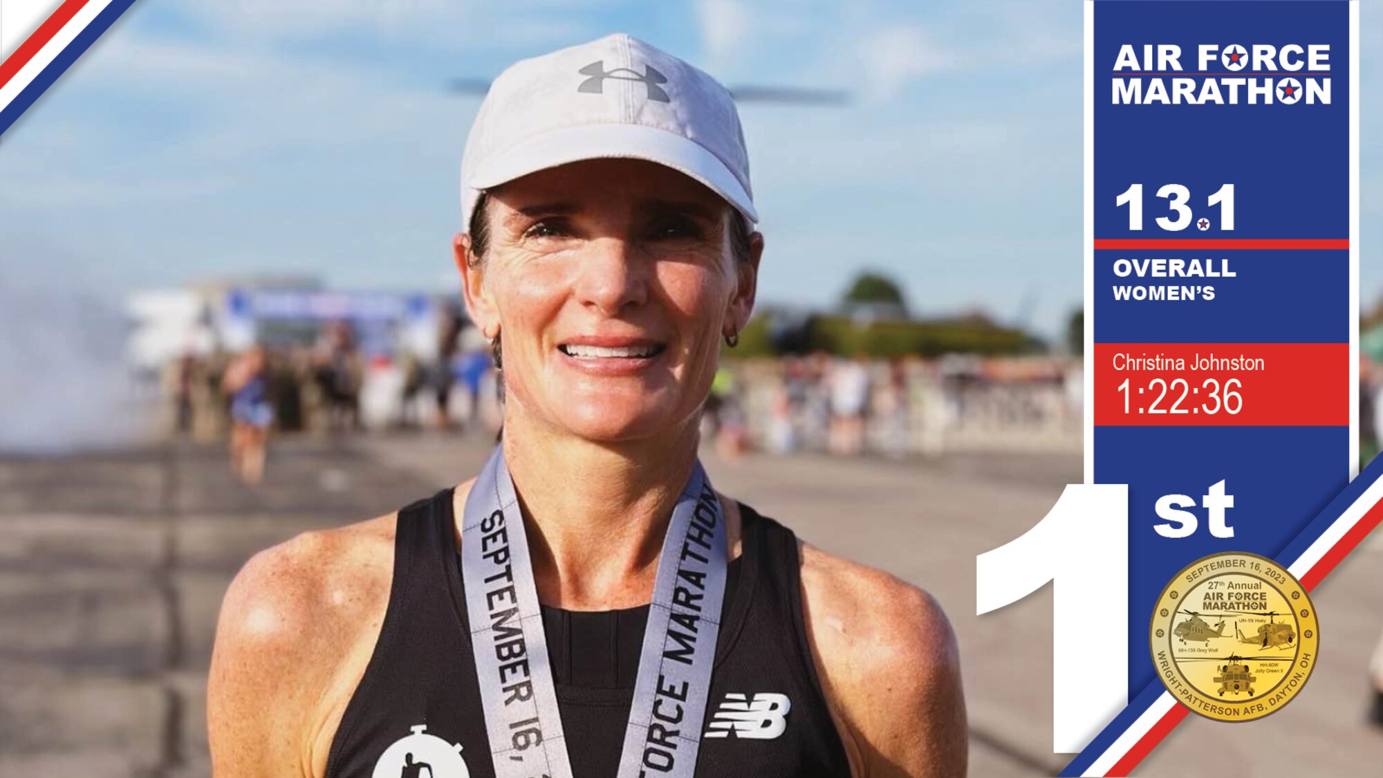 Christina Johnston is the 2023 women's half-marathon champion, her third title in the event at the Air Force Marathon. (Photo illustration by Nathan Wood)