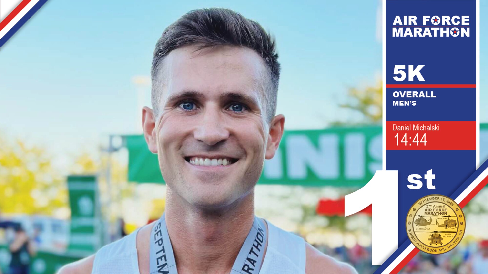 Daniel Michalski is the men's 5K champion at the 2023 Air Force Marathon. (Photo illustration by Nathan Wood)