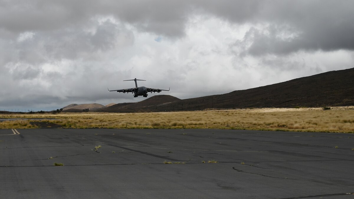 C-17 Globemaster from the 911th Airlift Wing landed at the Bradshaw Army Air Field dropping off cargo and passengers for the Rally in the Pacific exercise.