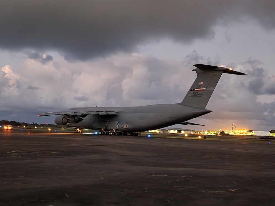 C-5M Super Galaxy from the 4th Air Force at Hilo International Airport after completing the drop off of cargo and passengers for the Rally in the Pacific exercise,