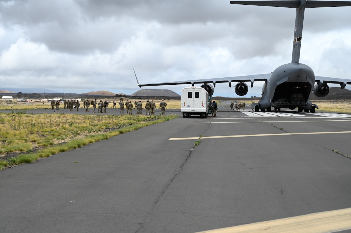 C-17 Globemaster from the 911th Airlift Wing landed at the Bradshaw Army Air Field dropping off cargo and passengers for the Rally in the Pacific exercise.
