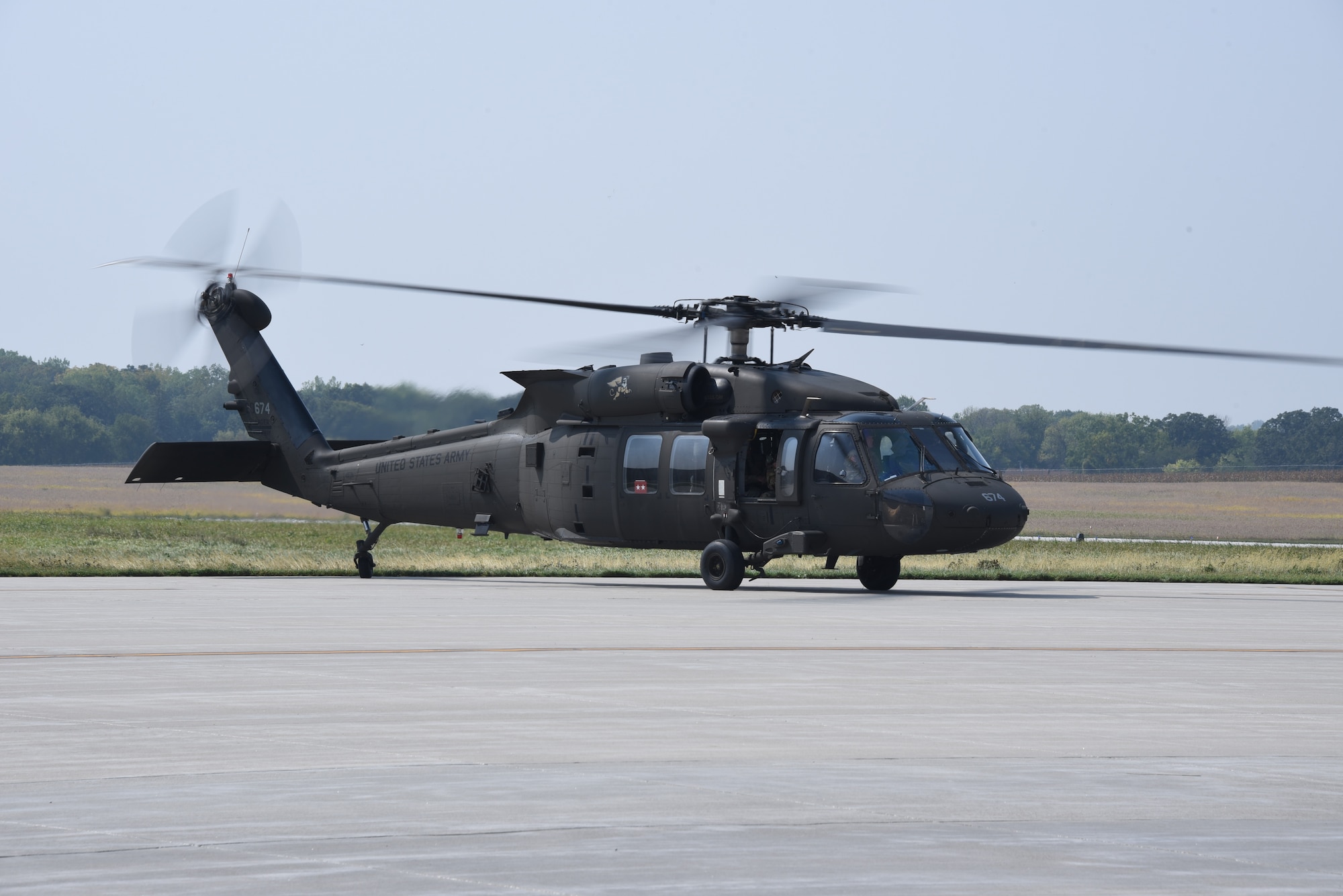U.S. Army National Guard Maj. Gen. Stephen Osborn, Adjutant General for the Iowa National Guard, arrived at the 133rd Test Squadron 75th Anniversary open house event via a U.S. Army UH-60M Blackhawk helicopter