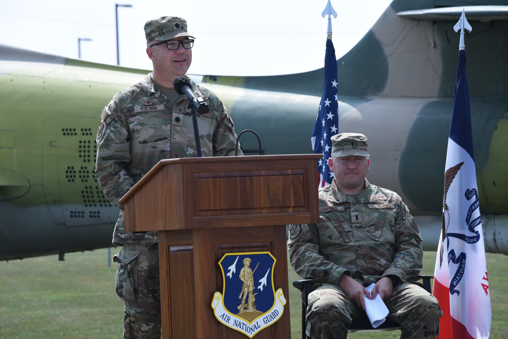 U.S. Air National Guard Lt. Col. Jason Kolacia, 133rd Test Squadron commander, speaks to his unit