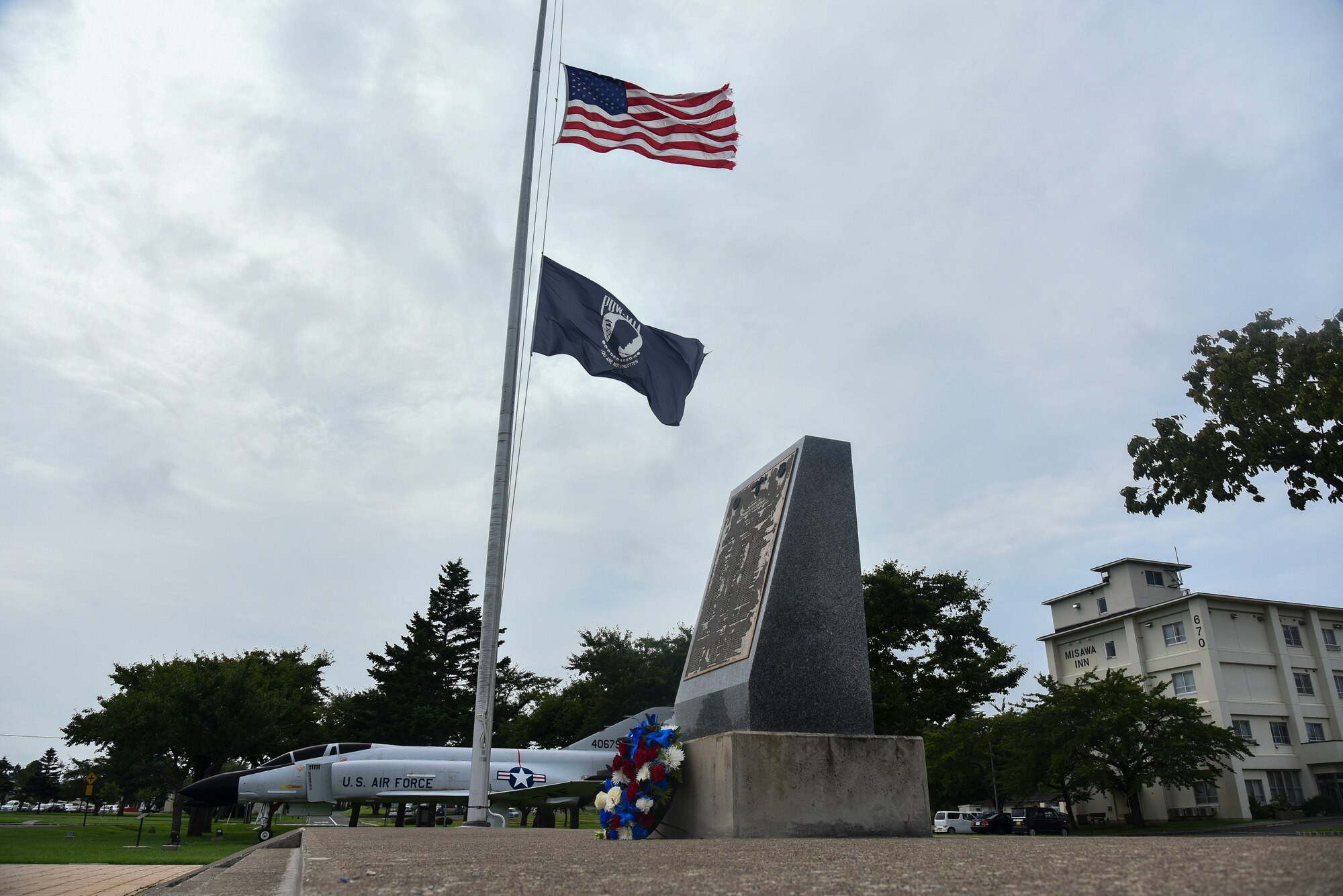 A ceremonial wreath lays in front of the Medal of Honor recipient’s memorial.