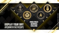 Armed Force Series Challenge medal graphic. Lower right reads Display Your Grit #RunWithTheTroops