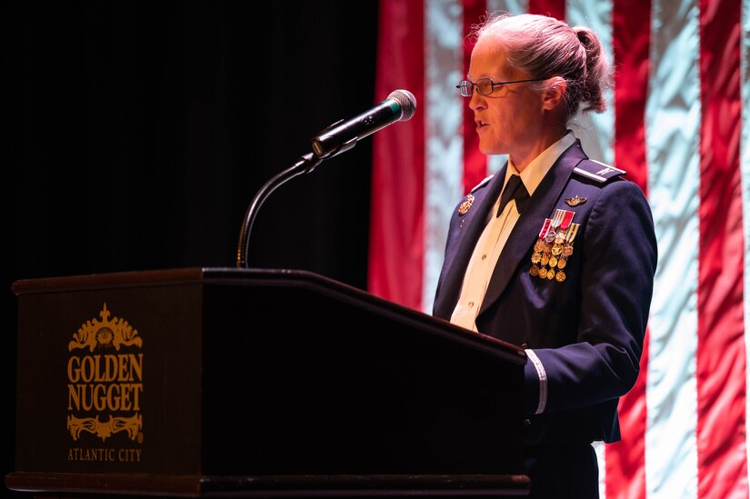 U.S Air Force Col. Elizabeth Hanson commander of the 305th Air Mobility Wing, addresses the audience during the Joint Base McGuire-Dix-Lakehurst Air Force Ball at Atlantic City, N.J., on Sept. 16, 2023. This event is in celebration of the 76th birthday of the U.S. Air Force. (Photo by Airman 1st Class Aidan Thompson)