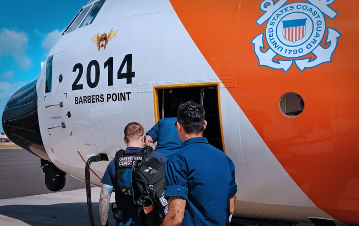 USCG Air Station Barbers Point C-130 loading personnel in response to the Maui Fires, Lahaina. Lahaina Wildfire Response Operations are one of the operations that qualify for special leave accrual.