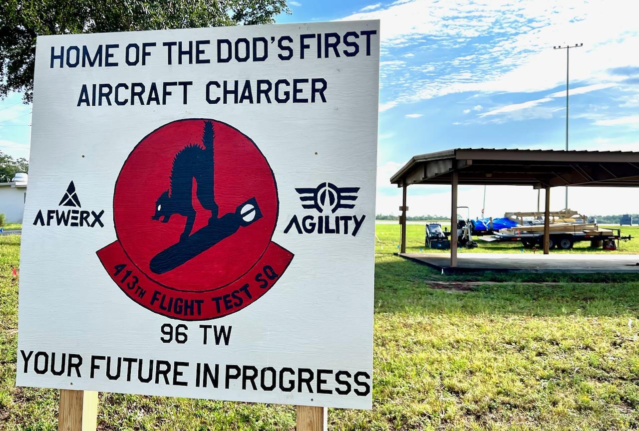 AFWERX and one of its Prime division partners, BETA Technologies, an electric aerospace company, broke ground on the first electric aircraft charging station on a military installation at Duke Field, Florida, Sept. 18, 2023. The expected completion date for the Level 3 direct current electric vehicle fast charging station construction project is Oct. 13, 2023, weeks before BETA’s electric vertical take-off and landing aircraft arrives for testing. (U.S. Air Force photo/Samuel King Jr.)