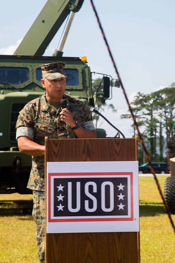 U.S. Marine Corps Col. Adolfo Garcia, commander, Marine Corps Installations East-Marine Corps Base (MCB) Camp Lejeune, delivers a speech during the opening of the United Service Organizations (USO) on MCB Camp Lejeune, North Carolina, Sept. 14, 2023. The USO offers a place for service members to relax and use the resources offered by the USO to include television, videogames, food, and entertainment. (U.S. Marine Corps photo by Cpl. Tanner Bernat)