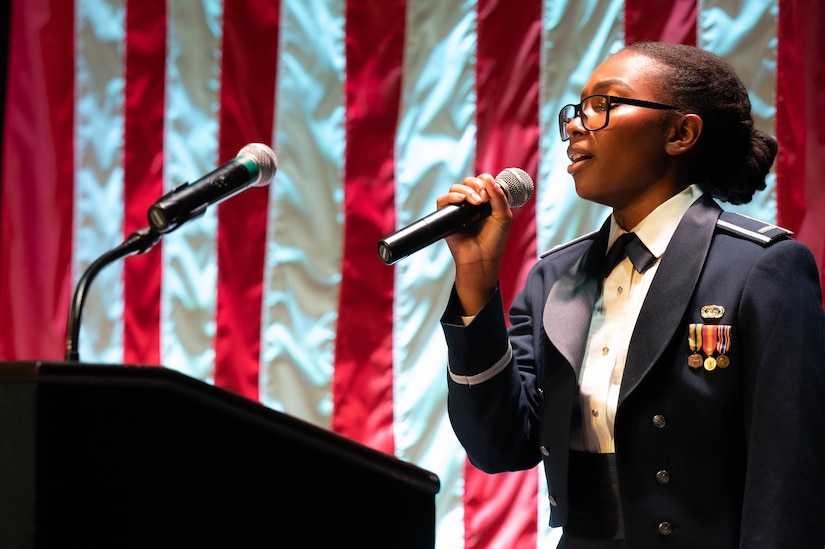 U.S. Air Force 1st Lt. Nia B. Gilliam, 87th Comptroller Squadron financial management officer, sings the national anthem during the Air Force Ball at Atlantic City, N.J., on Sept. 16, 2023. This event is in celebration of the 76th birthday of the U.S. Air Force. (Photo by Airman 1st Class Aidan Thompson)