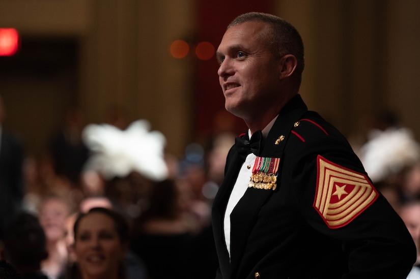 U.S. Marine Corps Sgt. Maj. William D. Harrington, Site Command senior enlisted leader attends Joint Base McGuire-Dix-Lakehurst U.S. Air Force ball at Atlantic City, N.J., on Sept. 16, 2023. This event is in celebration of the 76th birthday of the U.S. Air Force. (Photo by Airman 1st Class Aidan Thompson)