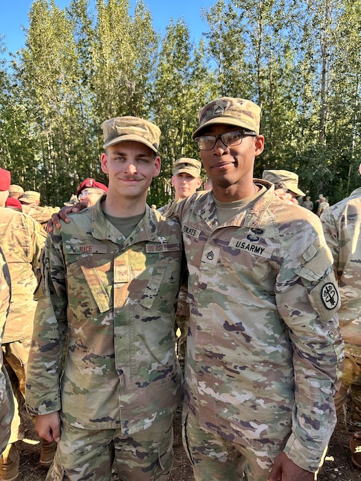 U.S. Air Force Senior Airman Tavin Rice, 354th Medical Group Aerospace Medical Technician and Army Staff Sgt. Fowlkers received the Expert Field Medical Badge at Fort Wainwright, Alaska, July 21, 2023.
