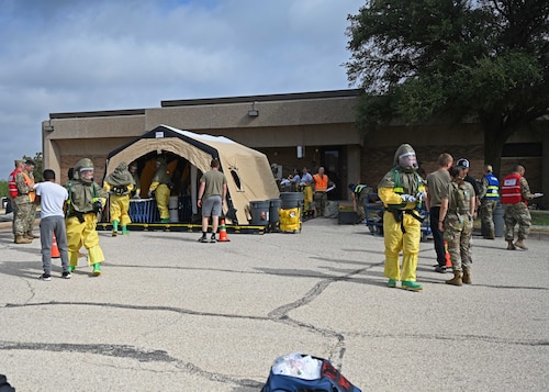 The 17th Medical Group participates in a Ready EAGLE II exercise at Goodfellow Air Force Base, Texas, Sept. 14, 2023. The exercise built upon skills developed previously during Ready EAGLE I and created an opportunity for the 17th MDG to enhance their installation medical hazards response capabilities, team integration, and response skills. (U.S. Air Force photo by Senior Airman Sarah Williams)
