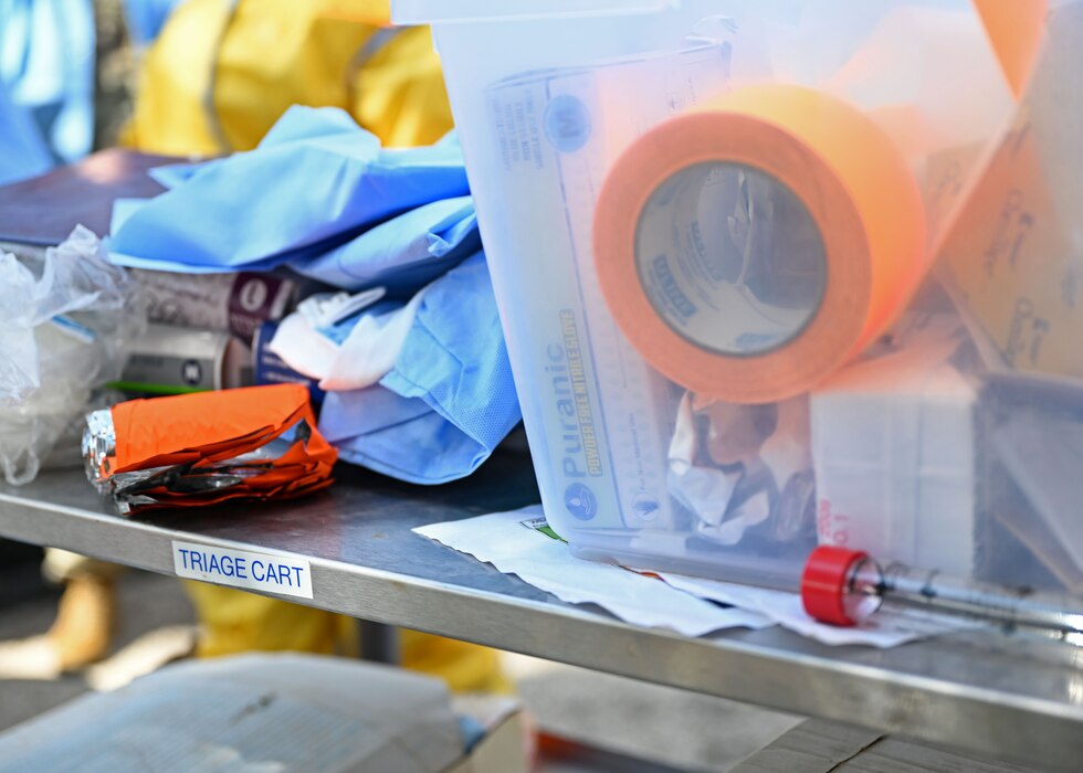A triage cart carries supplies during a Ready EAGLE II exercise at Goodfellow Air Force Base, Texas, Sept. 14, 2023. The triage team performed Tactical Combat Casualty Care on simulated patients. (U.S. Air Force photo by Senior Airman Sarah Williams)