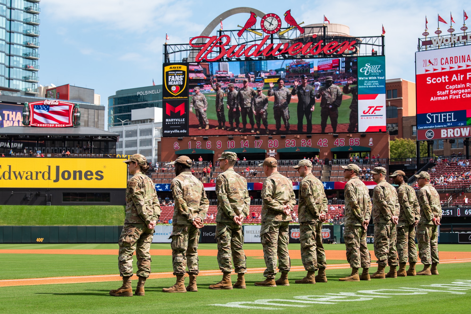 Airmen from Scott Air Force Base are recognized by the St. Louis Cardinals during First Responder Appreciation Day at Busch Stadium, St. Louis, Missouri, Sept. 17, 2023. Before the game, the Cardinals recognized first responders that support and protect communities. (U.S. Air Force photo by Airman 1st Class Tyler A. P. Moody)
