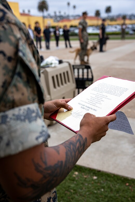A U.S. Marine with Headquarters and Service Battalion, Marine Corps Recruit Depot San Diego, reads a certificate of Military Working Dog Nero's accomplishments during a memorial ceremony for him at MCRD San Diego, Sept. 18, 2023. MWD Nero showed great dedication and courage while working on MCRD San Diego from June 11, 2021 through Sept. 9, 2023. (U.S. Marine Corps photo by Sgt. Yvonna Guyette)